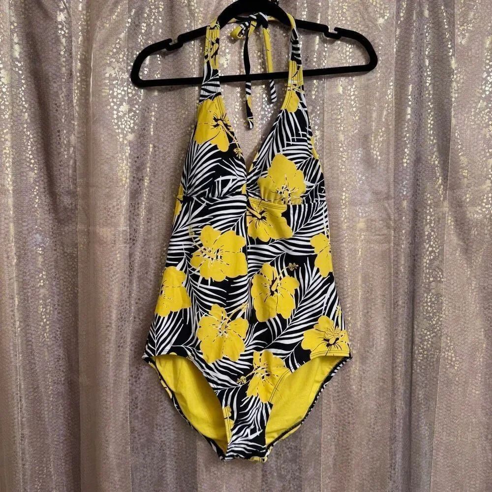 Hapari Black Yellow Floral Halter Neck One Piece Swimsuit Medium‎